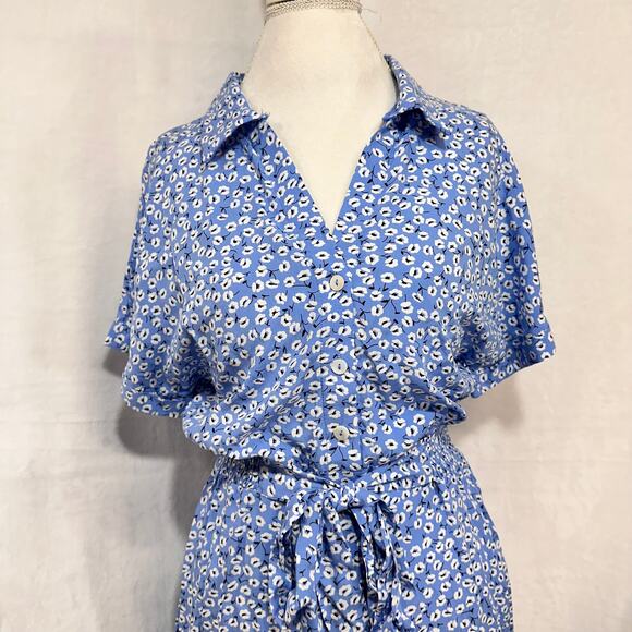 ELINGS Blue Floral Prairie A-Line Buttoned Dress Medium Split Hem‎ Cottagecore - Picture 1 of 14